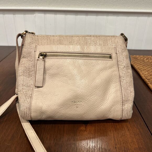 Fossil Leather Fabric Tan and Cream Crossbody Bag Zipped Pockets - Picture 1 of 16